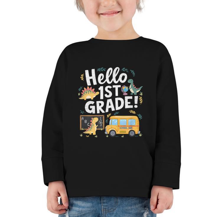 Cute Hello 1st Grade Dinosaur School Back To School Dino Bus Graphic Toddler Long Sleeve Tee