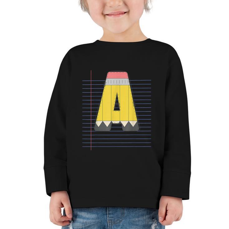 Cute Yellow School Pencil Alphabet Letter A Back To School Graphic Toddler Long Sleeve Tee