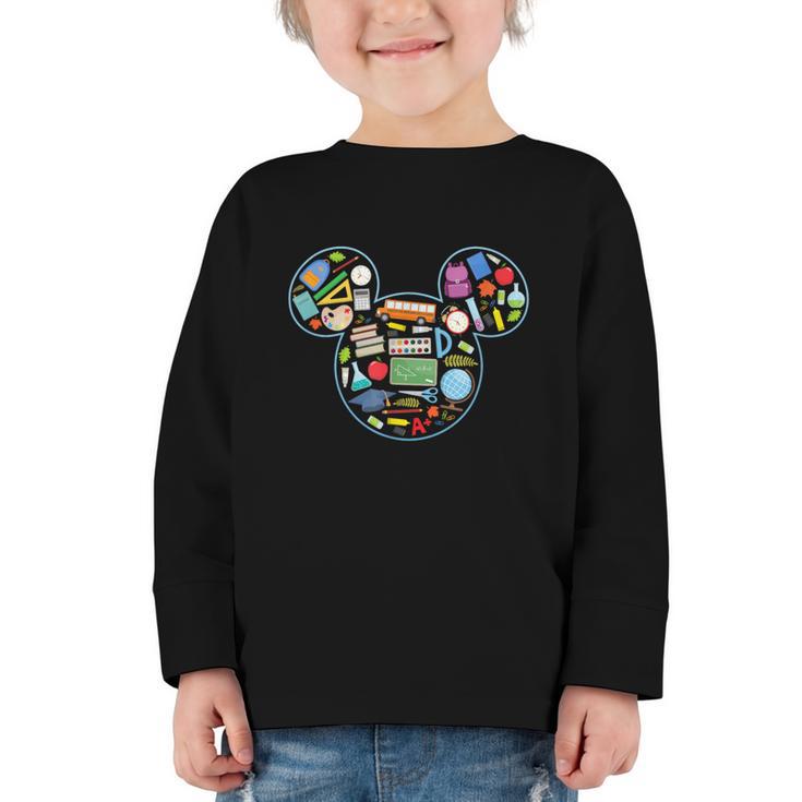 Disney Mickey And Friends Back To School Supplies Logo Fill Graphic Toddler Long Sleeve Tee