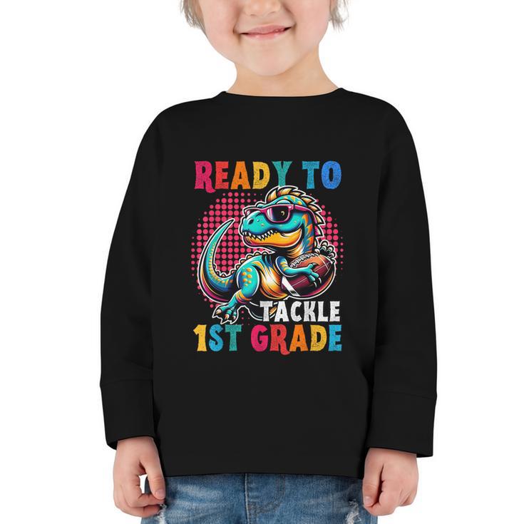First Day Back To School 1st Grade Boys Football Dinosaur Graphic Toddler Long Sleeve Tee