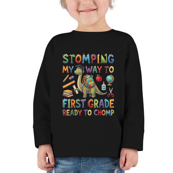 First Grade Graduation Dinosaur Dino Back To School Student Graphic Toddler Long Sleeve Tee
