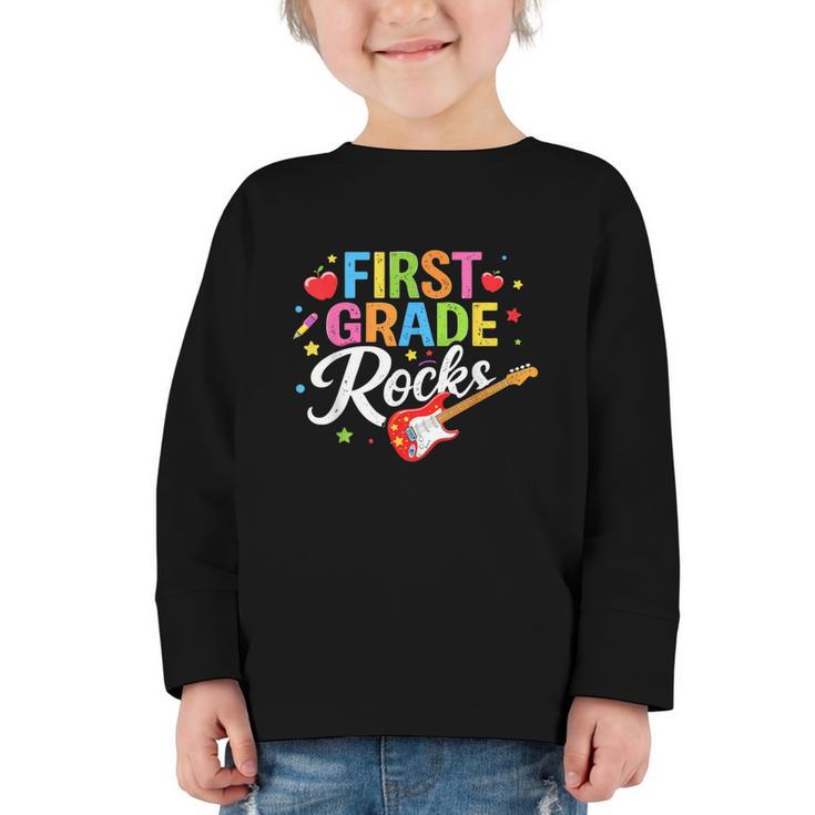 First Grade Rocks Colorful Back To School Guitar Graphic Toddler Long Sleeve Tee