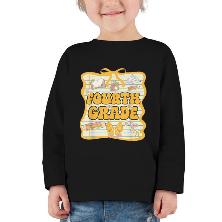Fourth Grade Back To School Kids Girls Bow 4th Grade Groovy Graphic Toddler Long Sleeve Tee