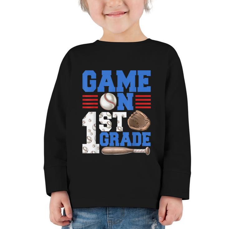 Game On First Grade Boy Baseball Back To School Graphic Toddler Long Sleeve Tee