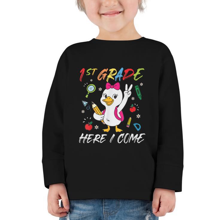 Girls Goose 1st Grade Here I Come Back To School Kids Graphic Toddler Long Sleeve Tee