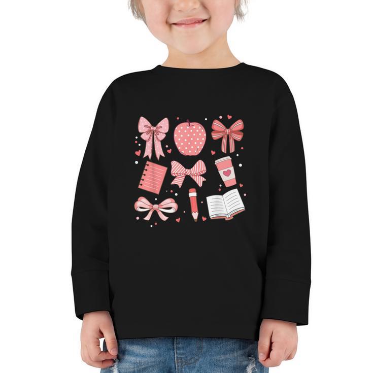 Happy Back To School 1st Day Toddler Girl Boho Coquette Bows Graphic Toddler Long Sleeve Tee