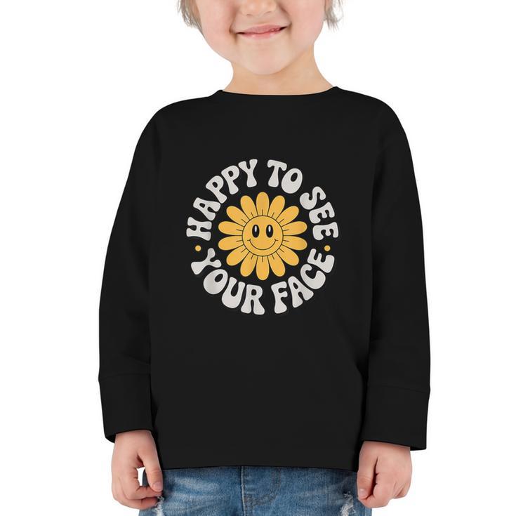 Happy Face Daisy Flower Retro Back To School Cute Graphic Graphic Toddler Long Sleeve Tee