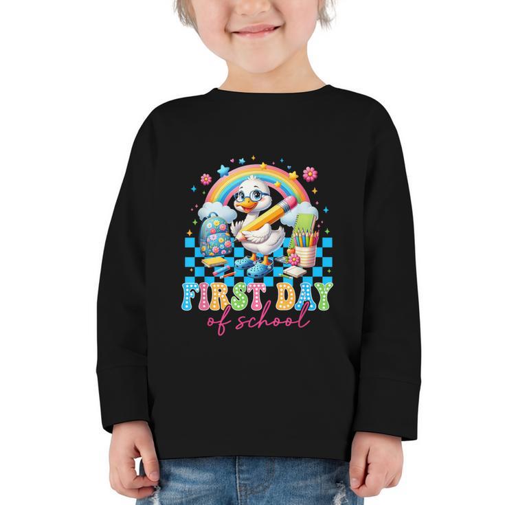 Happy First Day Of School Goose Cute Duck Back To School Graphic Toddler Long Sleeve Tee