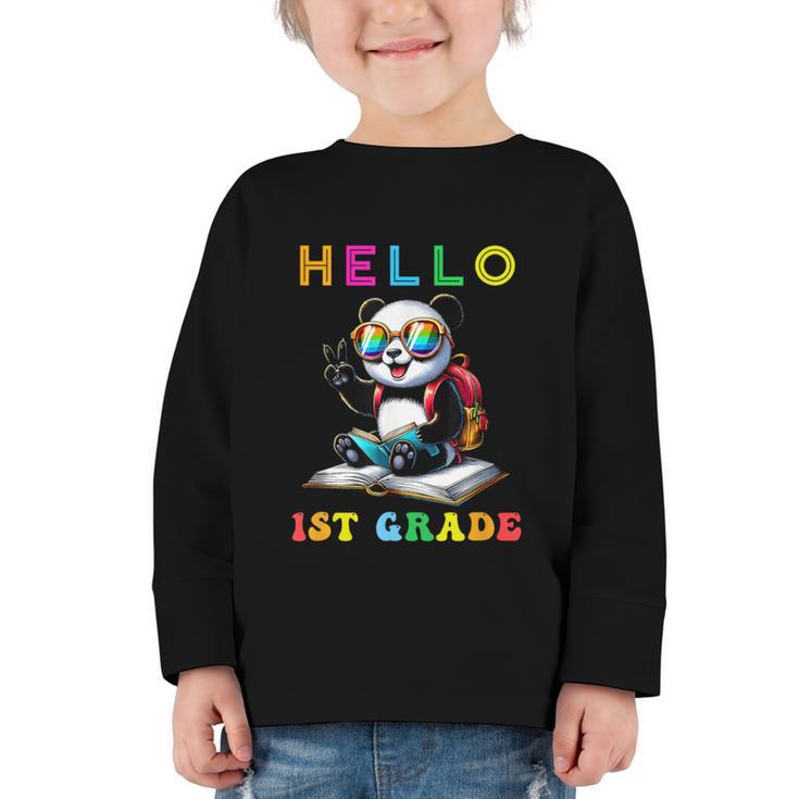 Hello First Grade Panda Lover Back To School Kids Boys Girls Graphic Toddler Long Sleeve Tee