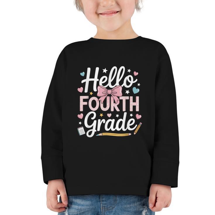 Hello Fourth Grade Back To School Girl Hearts Pink Bow Kids Graphic Toddler Long Sleeve Tee