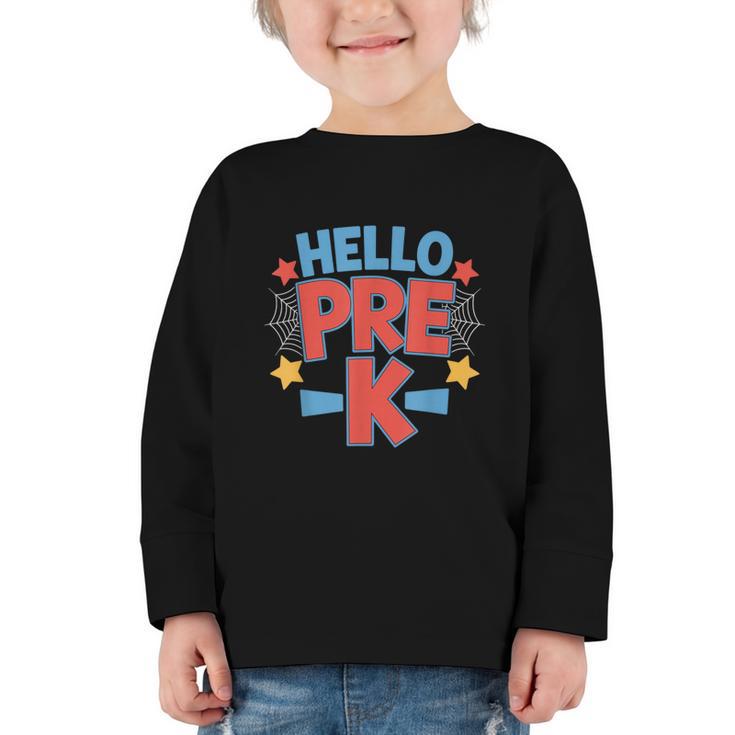 Hello Pre-K Preschool Squad Spider Back To School First Day Graphic Toddler Long Sleeve Tee