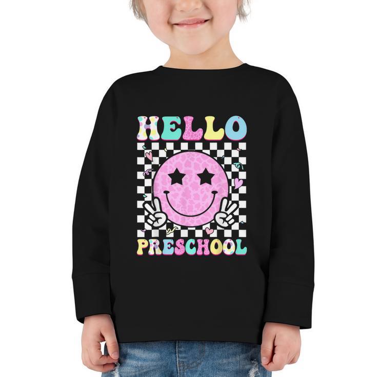 Hello Preschool Groovy Back To School Pre-K Team Girls Kids Graphic Toddler Long Sleeve Tee