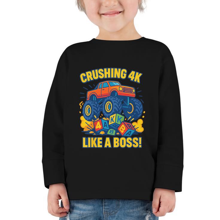 Kids 4k Boys Back To School Shirt Monster Truck Crushing 4k Graphic Toddler Long Sleeve Tee