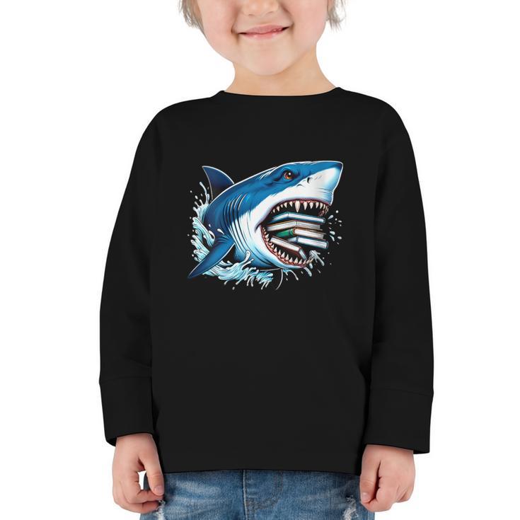 Kids Shark With School Books Back To School Shark Lovers Graphic Toddler Long Sleeve Tee