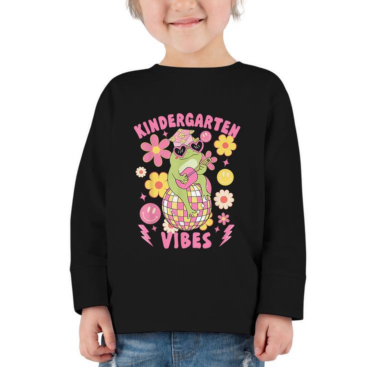 Kindergarten Vibes Groovy Kindergarten Back To School Frog Graphic Toddler Long Sleeve Tee