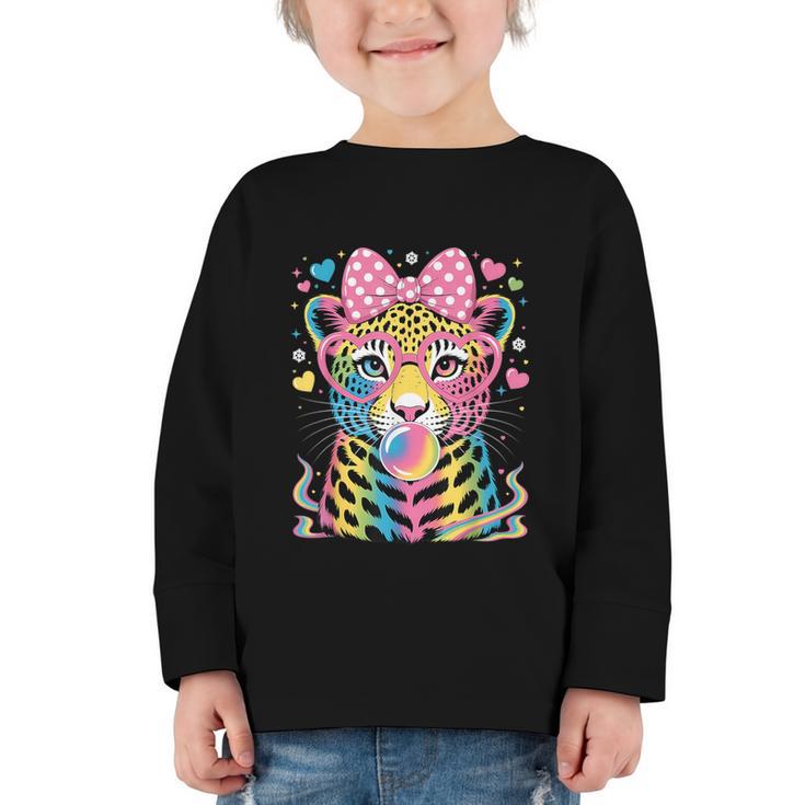 Leopard Glasses Blowing Bubble Gum Back To School Kids Graphic Toddler Long Sleeve Tee
