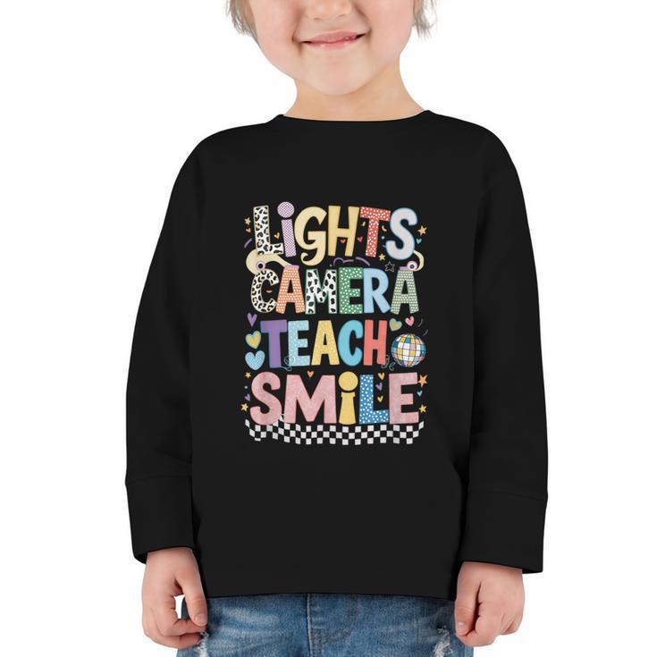 Lights Camera Teach Smile Back To School Awesome Learners Graphic Toddler Long Sleeve Tee