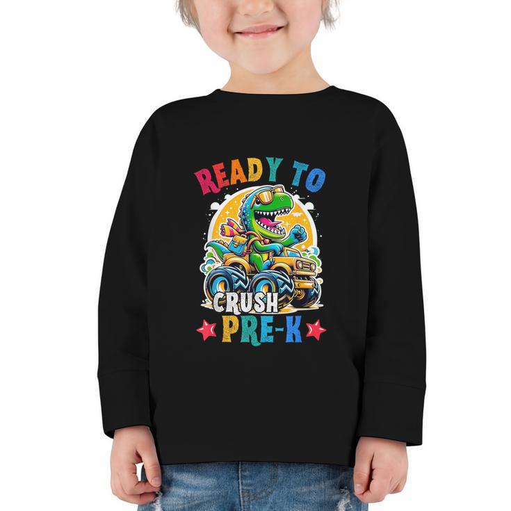 Monster Truck Dinosaur Boys Back To School Crush Pre-k Kids Graphic Toddler Long Sleeve Tee