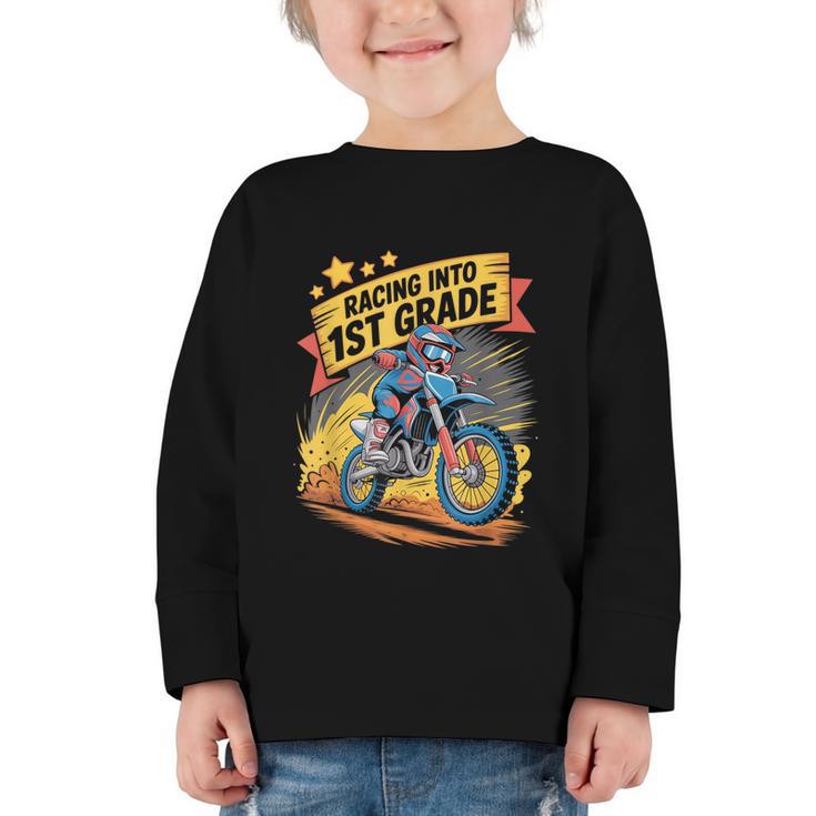 Motocross Dirt Bike Back To School Racing Into 1st Grade Graphic Toddler Long Sleeve Tee