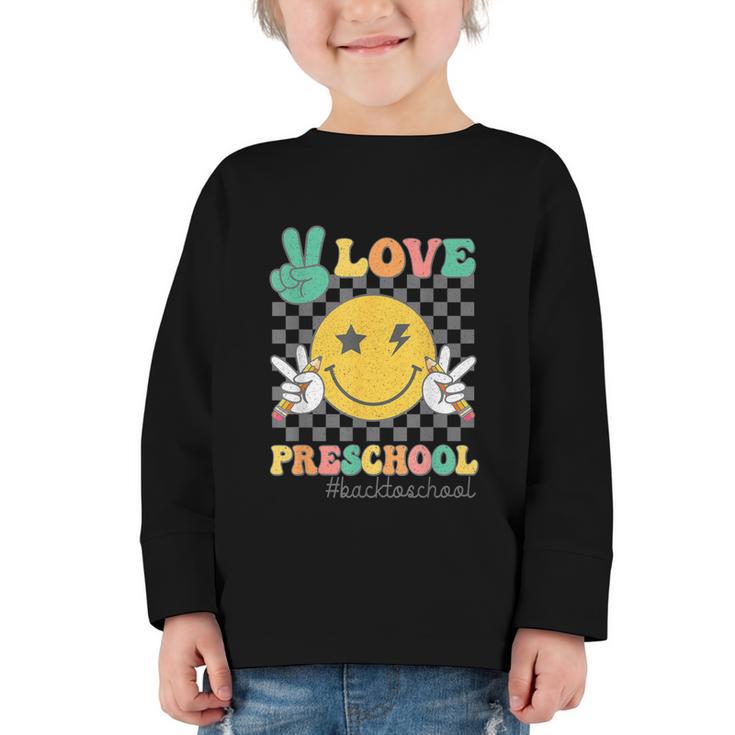 Peace Love Preschool Smile Face Back To School PRESCHOOL Graphic Toddler Long Sleeve Tee