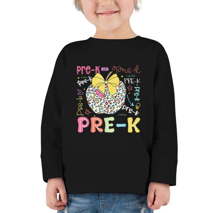 Pre-K Typography First Day Back To School Leopard Apple Graphic Toddler Long Sleeve Tee