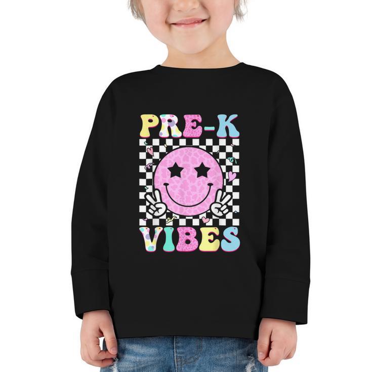 Pre-K Vibes Groovy Back To School PreK Preschool Girls Kids Graphic Toddler Long Sleeve Tee
