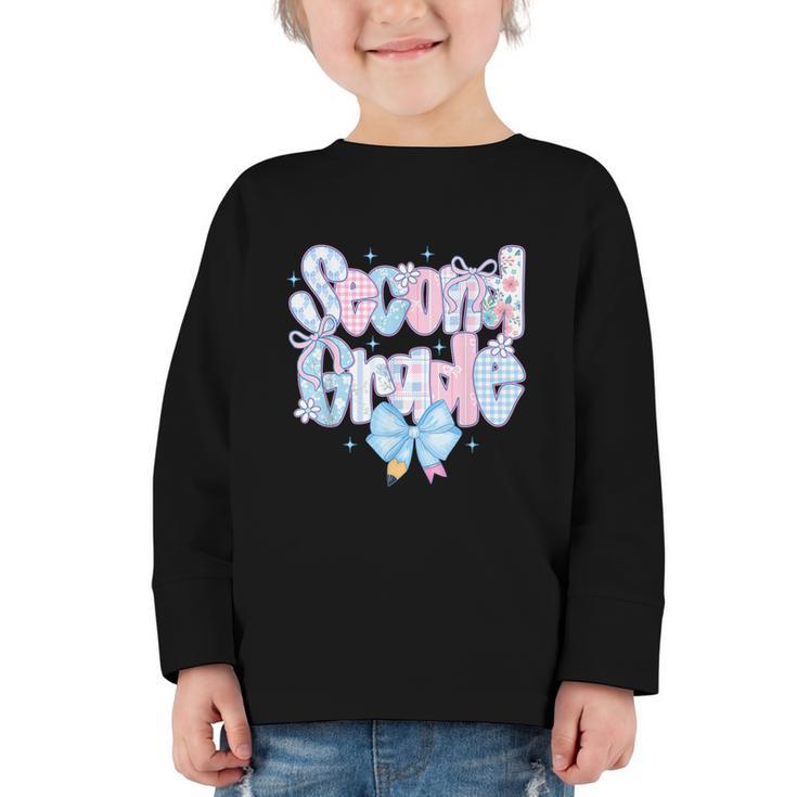 Preppy Second Grade First Day Back To School 2nd Grade Bow Graphic Toddler Long Sleeve Tee