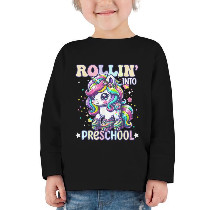 Preschool Back To School First Day Girls PreK Rollin Unicorn Graphic Toddler Long Sleeve Tee