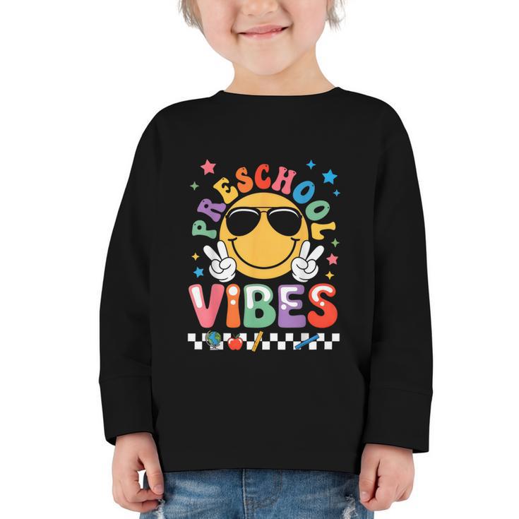 Preschool Vibes Groovy Back To School Girls Kids Graphic Toddler Long Sleeve Tee