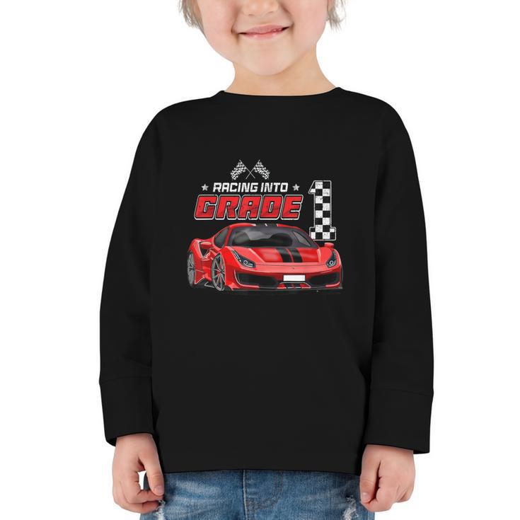 Racing Into 1st Grade Race Car Back To School Boys Graphic Toddler Long Sleeve Tee