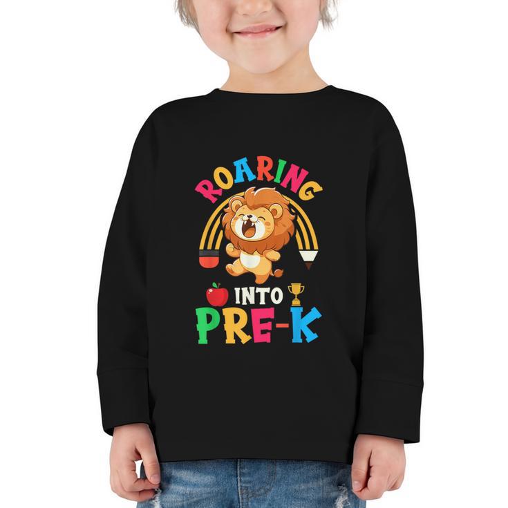 Roaring Into Pre-Kindergarten Lion Pre K Back To School Graphic Toddler Long Sleeve Tee