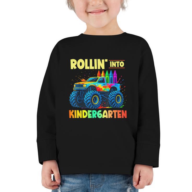 Rollin' Into Kindergarten Monster Car Back To School Boys Graphic Toddler Long Sleeve Tee