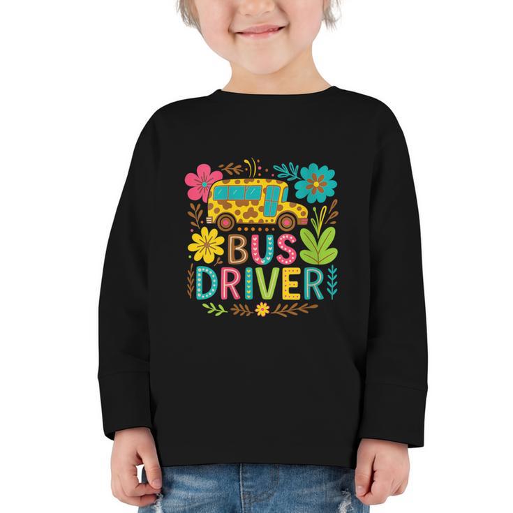 School Bus Driver Boho Floral Leopard Back To School Womens Graphic Toddler Long Sleeve Tee