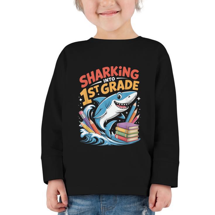 Sharking Into 1st Grade Back To School Shark Graphic Toddler Long Sleeve Tee