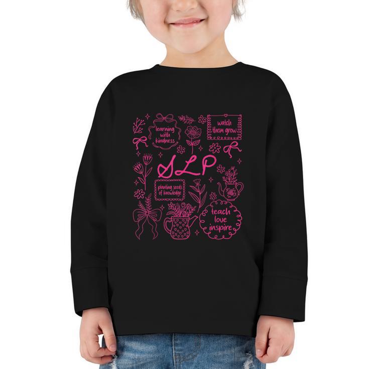 SLP Love Inspire Teach Pink Bow Back To School Graphic Toddler Long Sleeve Tee