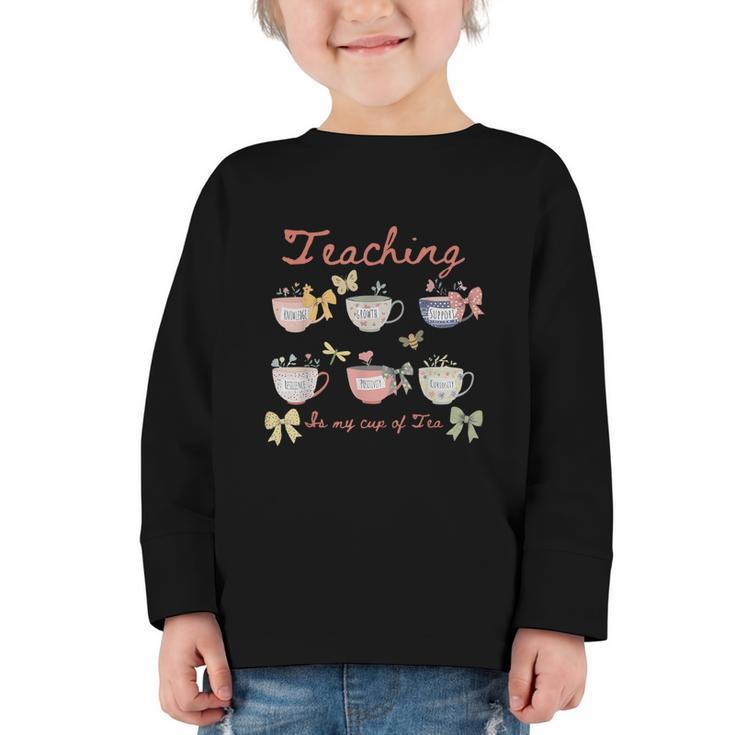 Teaching Is My Cup Of Tea Coquette Bow Floral Back To School Graphic Toddler Long Sleeve Tee