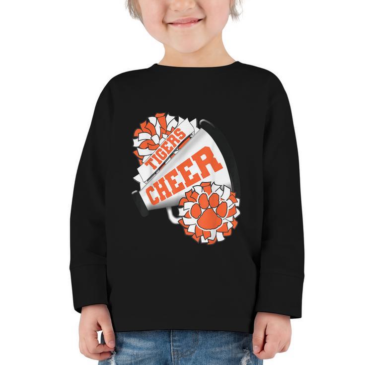 Tigers Cheerleading Back To School Cheer Team Spirit Orange Graphic Toddler Long Sleeve Tee