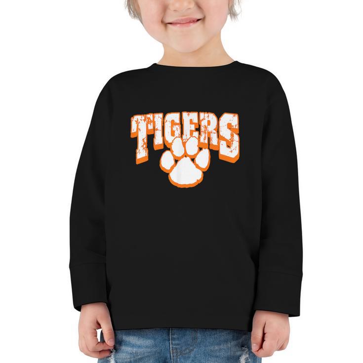 Tigers School Spirit Mascot Back To School Orange Graphic Toddler Long Sleeve Tee