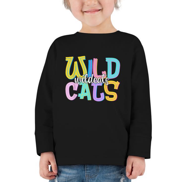 Wildcats School Spirit Groovy Back To School Girls Graphic Toddler Long Sleeve Tee