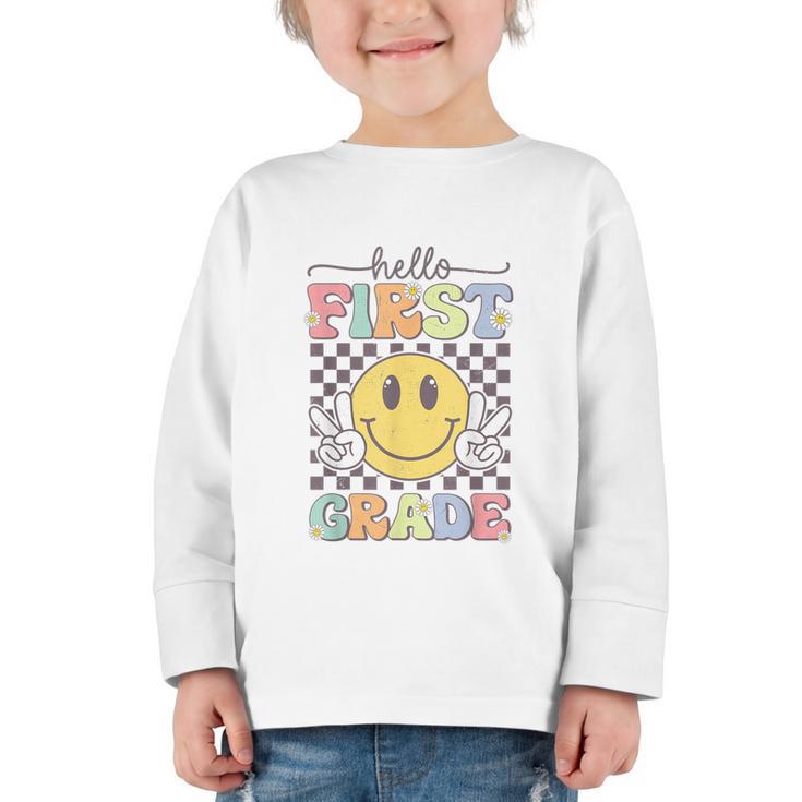 1st Grade Team Back To School Hello First Grade Smile Face Graphic Toddler Long Sleeve Tee