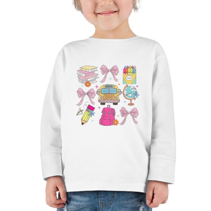 Back To School Coquette School Bus Pencil Graphic Toddler Long Sleeve Tee