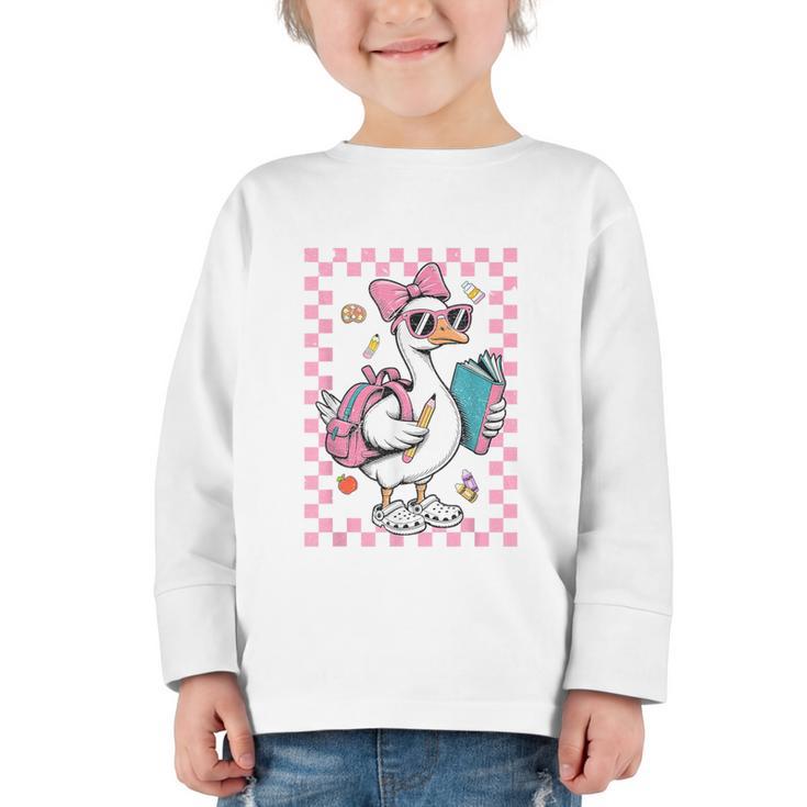 Back To School Goose First Day Of School Boy Girl Graphic Toddler Long Sleeve Tee