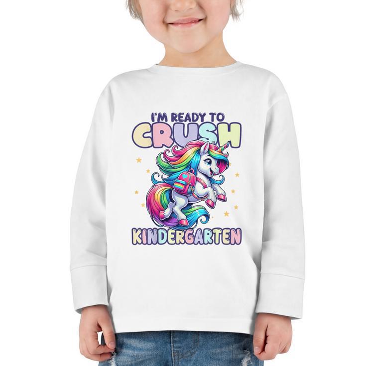 Crush Kindergarten Girls Back To School Unicorn First Day Graphic Toddler Long Sleeve Tee