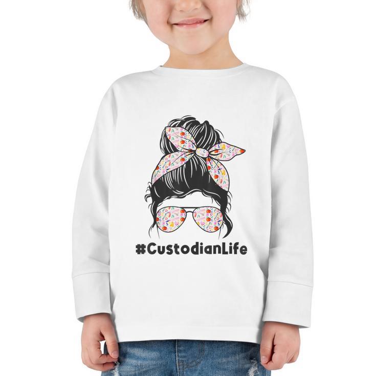 Custodian Life Messy Bun Hair Glasses Leopard Back To School Graphic Toddler Long Sleeve Tee