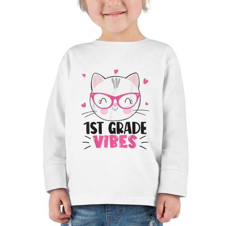 Cute 1st Grade Vibes Cat Kitten Lover Back To School Girls Graphic Toddler Long Sleeve Tee