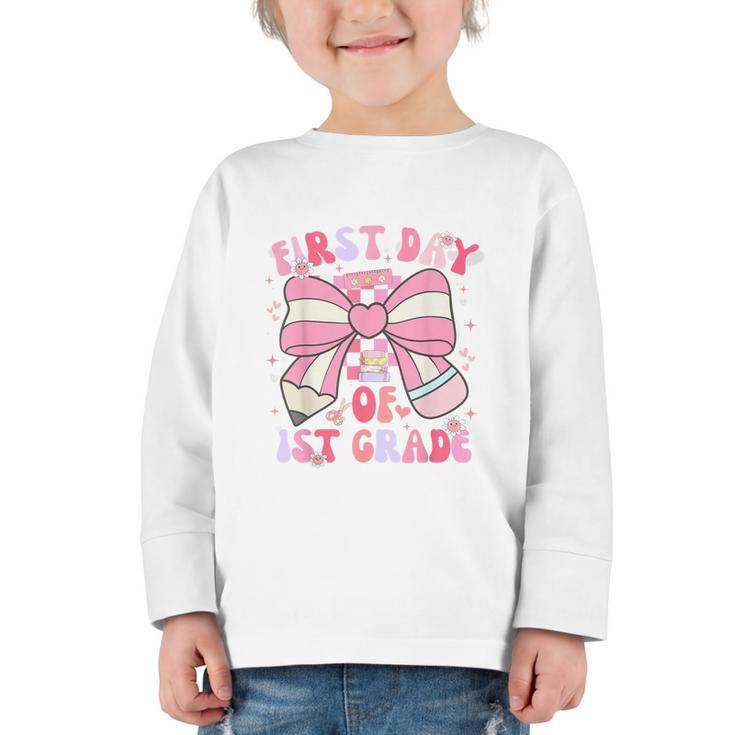 First Day Of 1st Grade Coquette Back To School Girls Kids Graphic Toddler Long Sleeve Tee
