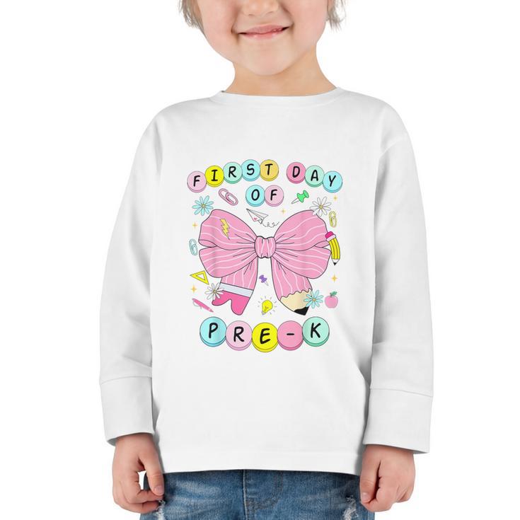 First Day Of Pre-K Girls Coquette Bow Back To School Kids Graphic Toddler Long Sleeve Tee
