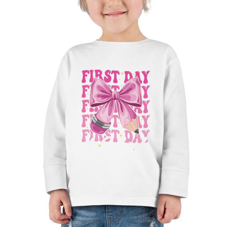 First Day Of School Girls Coquette Bow Back To School Performance Graphic Toddler Long Sleeve Tee