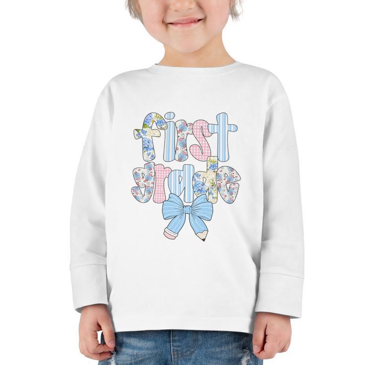 First Grade Coquette Bow Pencil First Day Back To School Performance Graphic Toddler Long Sleeve Tee