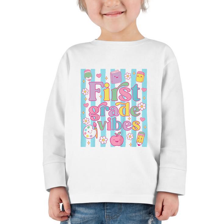 First Grade Vibes Cute Groovy Back To School 1st Grade Girls Graphic Toddler Long Sleeve Tee